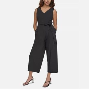 Calvin Klein Women 18W V Neck Belted Cropped Wide Leg Jumpsuit Black Stretch NEW